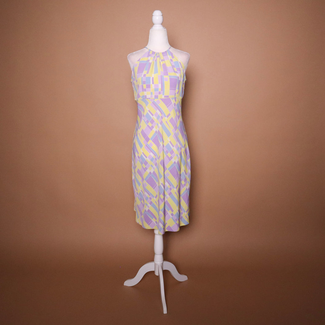 Y2K Pastel Geometric Print Bias Cut Midi Dress